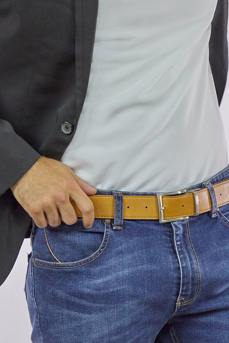 Reverse reversible belt – Blue/Camel